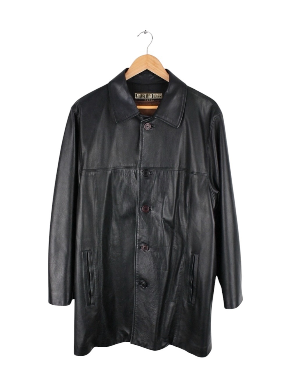 Vintage Christian Nobel Leather Coat Button Front Black Lined Men's‎ Size Large